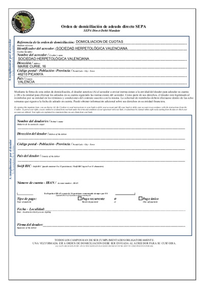 formulario mandato simple SOHEVA Domiciliación de la cuota de 2015