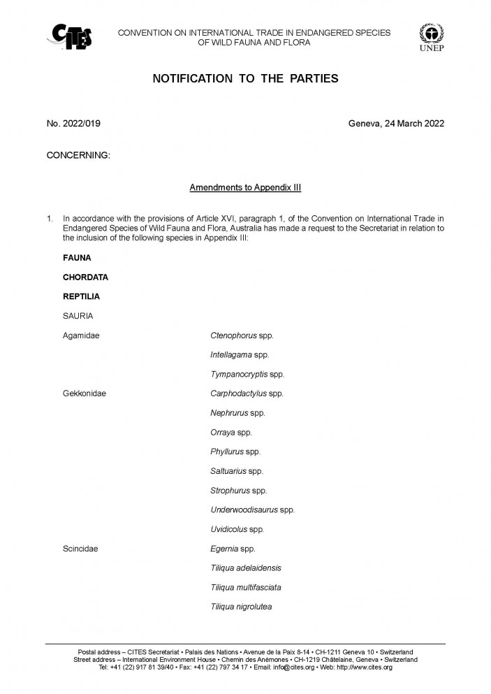 E Notif 2022 019 Página 1 703x993 COMUNICA A LA AUTORIDAD ADMINISTRATIVA CITES LA TENENCIA DE LAGARTOS AUSTRALIANOS EN CITES III